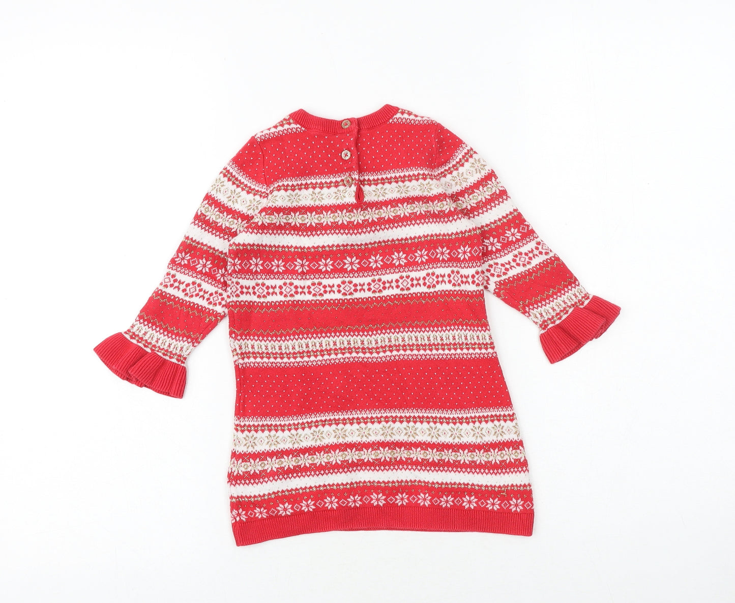 Marks and Spencer Baby Red Geometric Acrylic Jumper Dress Size 18-24 Months Round Neck Button