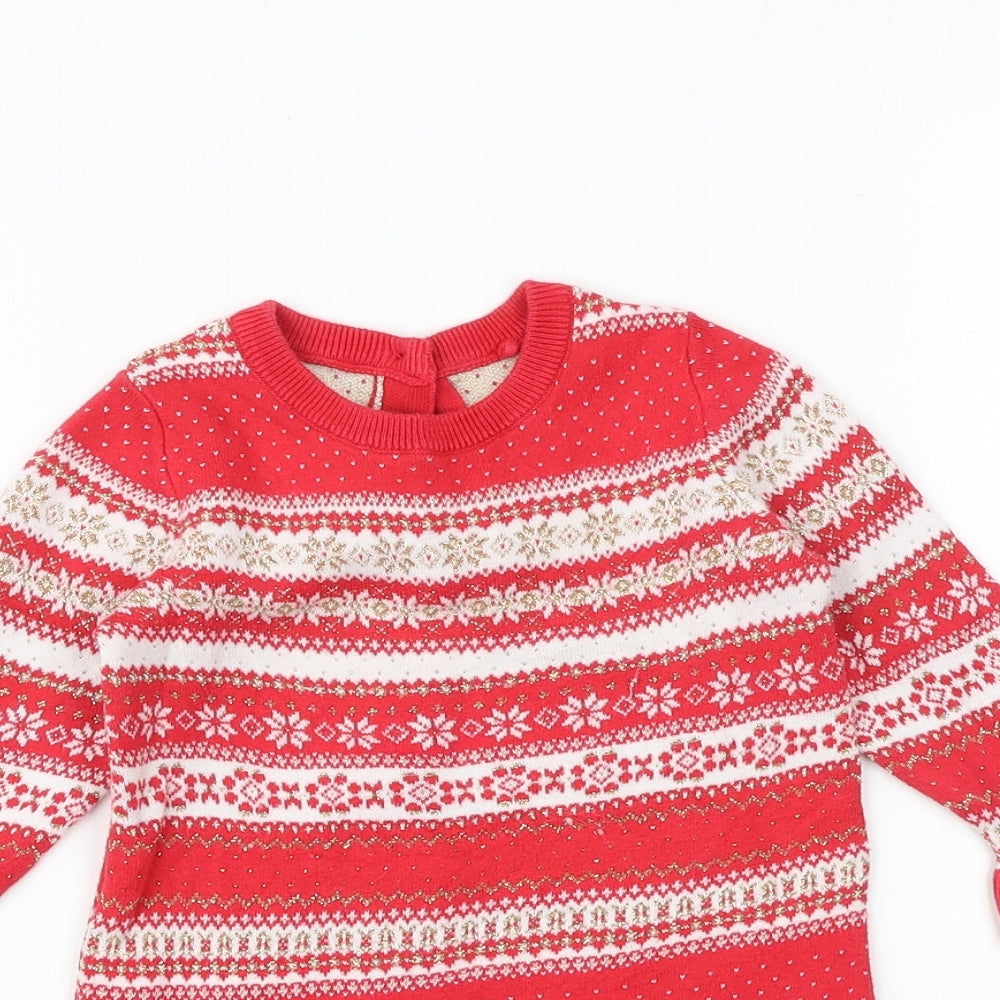 Marks and Spencer Baby Red Geometric Acrylic Jumper Dress Size 18-24 Months Round Neck Button
