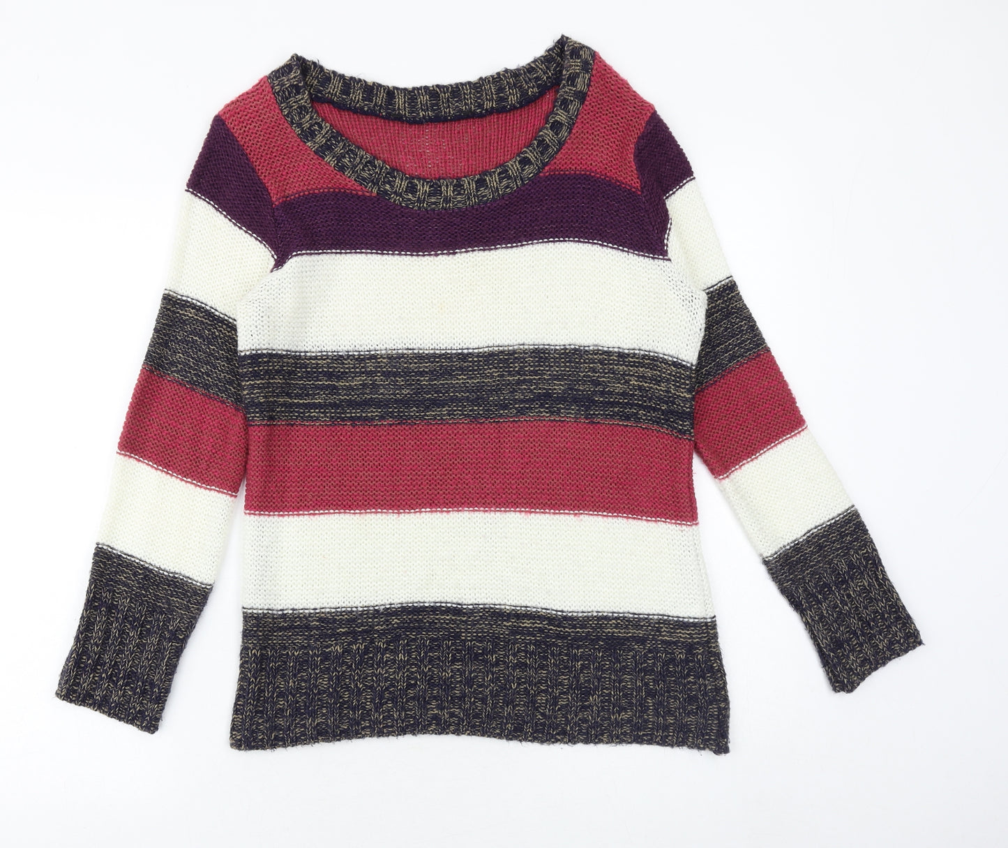 Preworn Girls Multicoloured Round Neck Striped Acrylic Pullover Jumper Size 13 Years Pullover