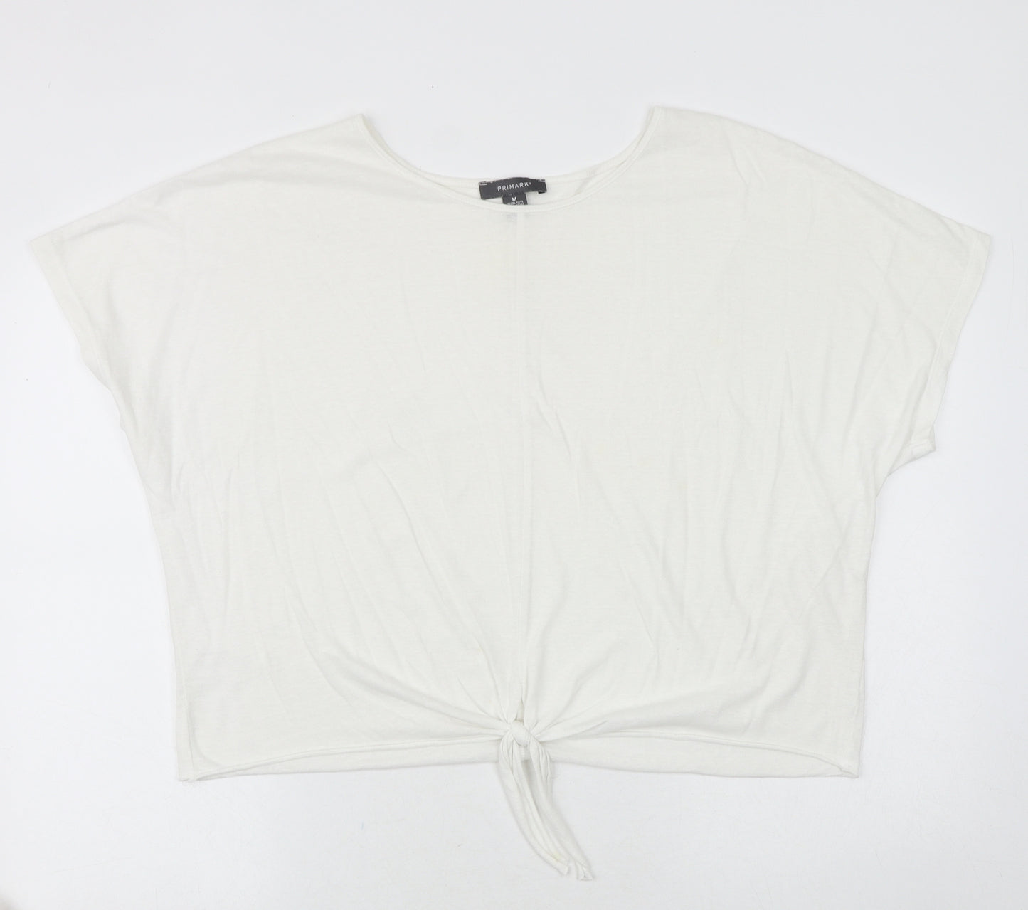 Primark Womens White Polyester Basic T-Shirt Size M Boat Neck - Tie Front Detail