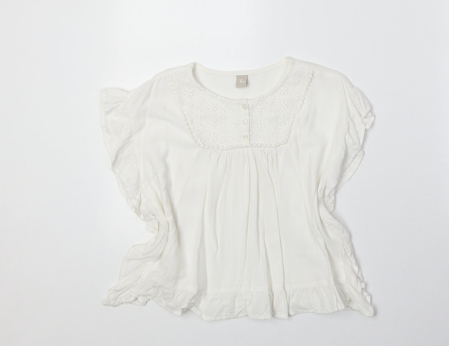 TU Girls Ivory Viscose Basic Blouse Size 7 Years Roll Neck Button