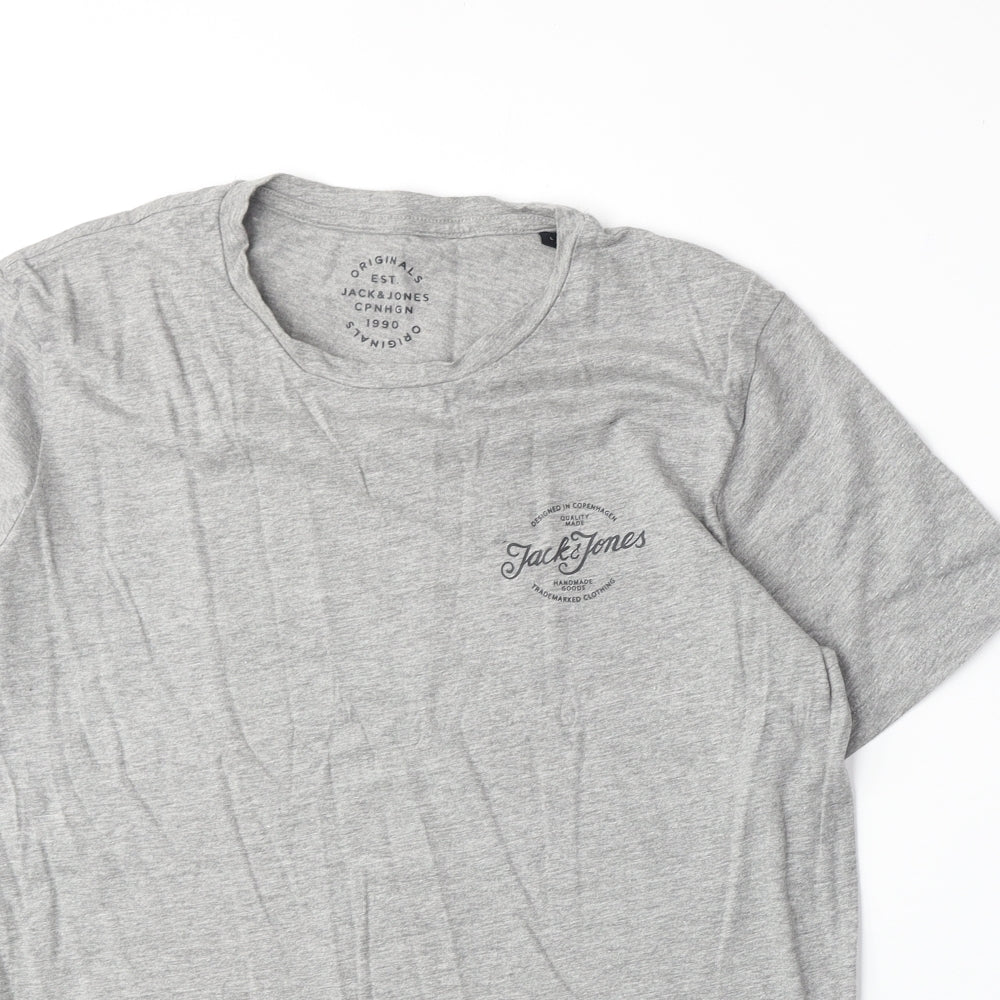 JACK & JONES Mens Grey Cotton T-Shirt Size L Round Neck