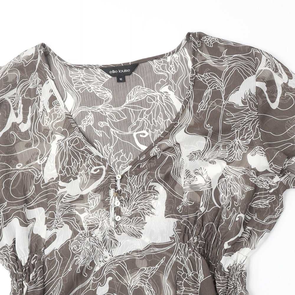 Ellie Louis Womens Brown Geometric Polyester Basic Blouse Size 16 V-Neck