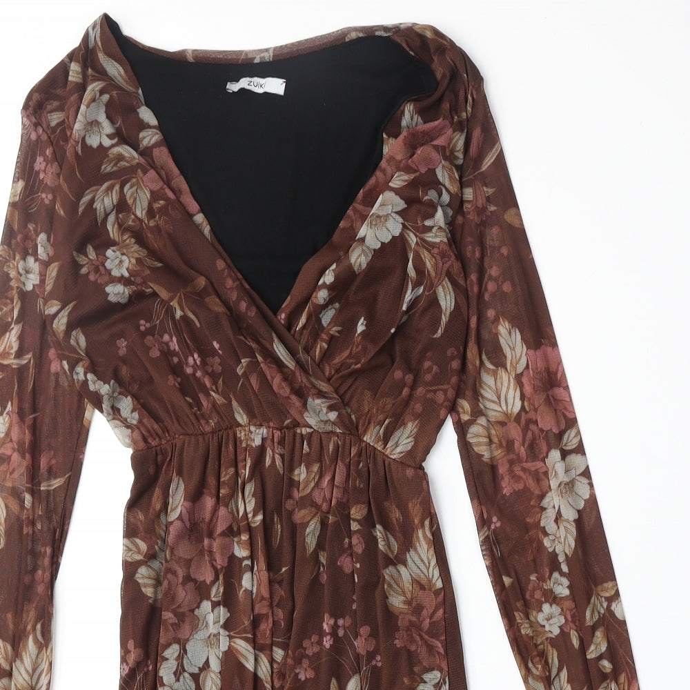 Zuiki Womens Brown Geometric Polyester A-Line Size S V-Neck Pullover