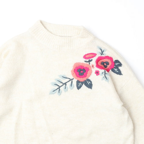 TU Womens Beige Round Neck Acrylic Pullover Jumper Size 10 - Floral