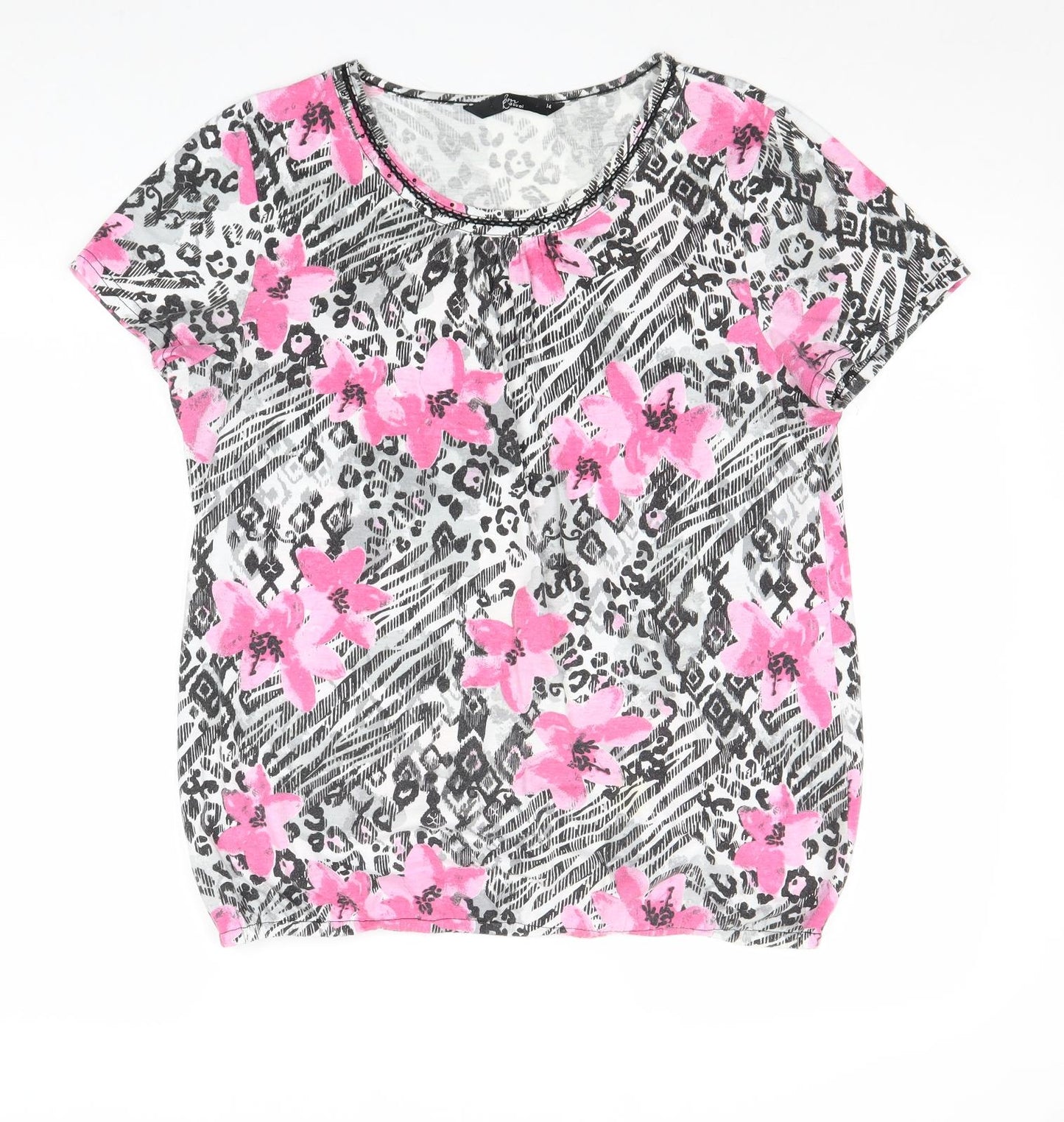 Bonmarché Womens Black Geometric Polyester Basic T-Shirt Size 14 Round Neck