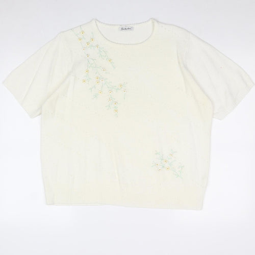 Berkertex Womens Ivory Round Neck Acrylic Pullover Jumper Size 18 - Floral Detail