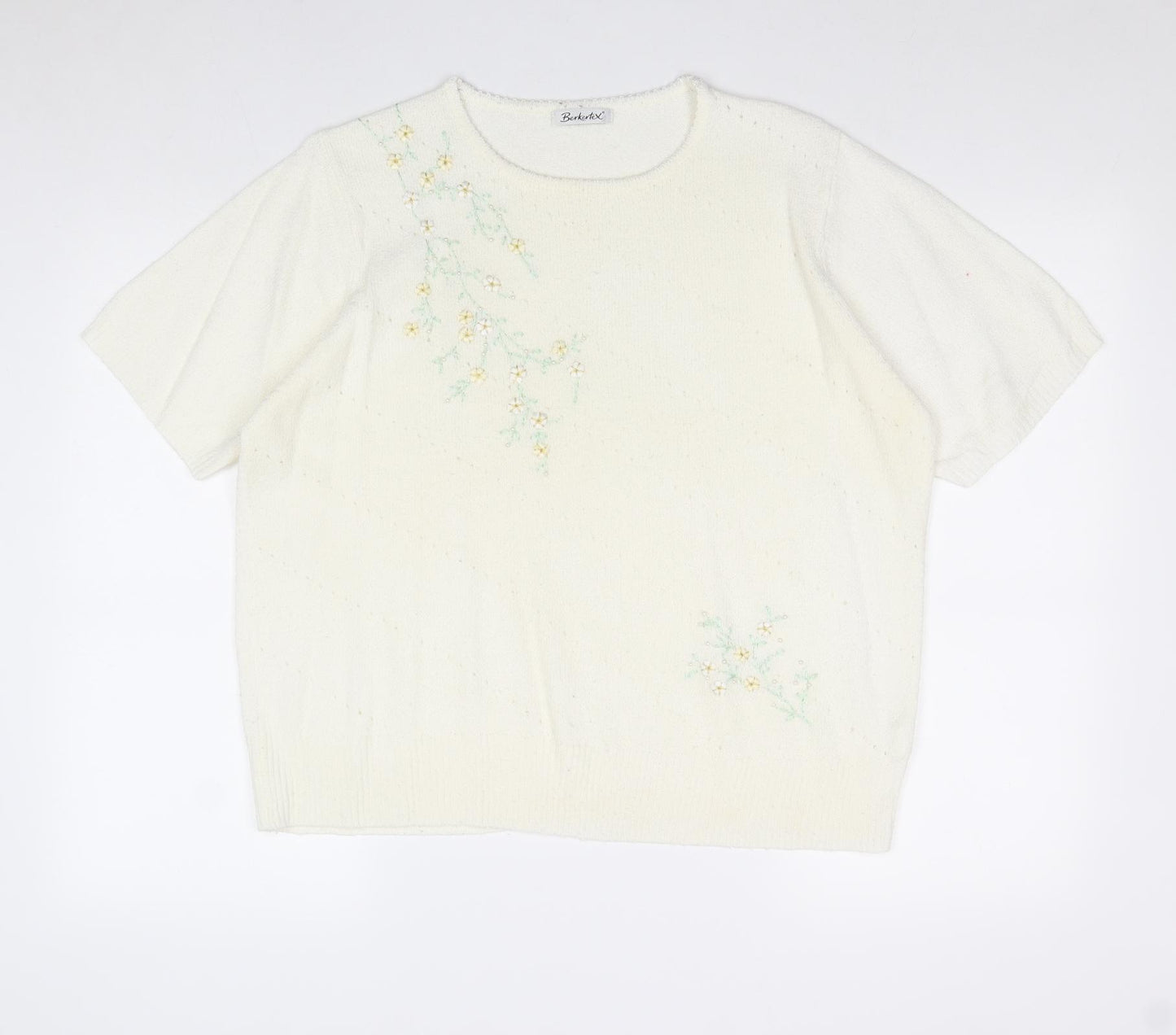 Berkertex Womens Ivory Round Neck Acrylic Pullover Jumper Size 18 - Floral Detail