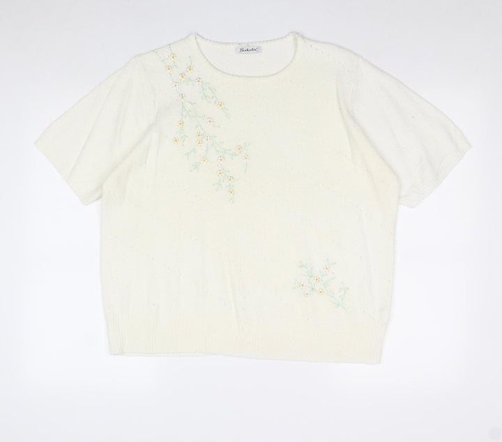 Berkertex Womens Ivory Round Neck Acrylic Pullover Jumper Size 18 - Floral Detail