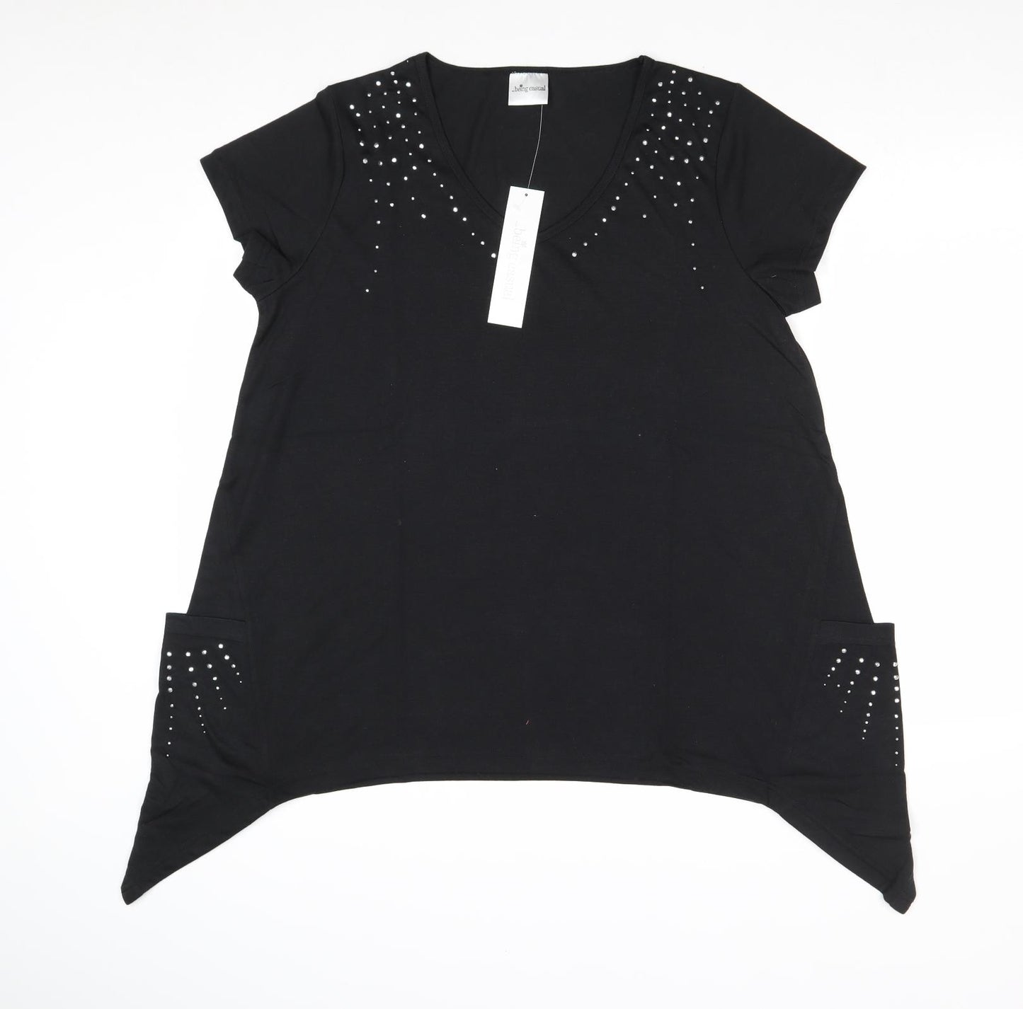 Being Casual Womens Black Polyester Basic T-Shirt Size 14 V-Neck