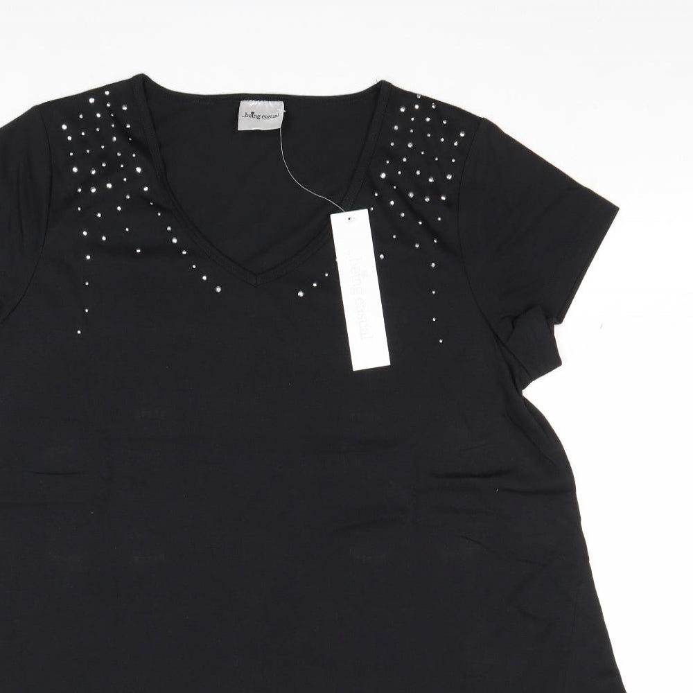 Being Casual Womens Black Polyester Basic T-Shirt Size 14 V-Neck
