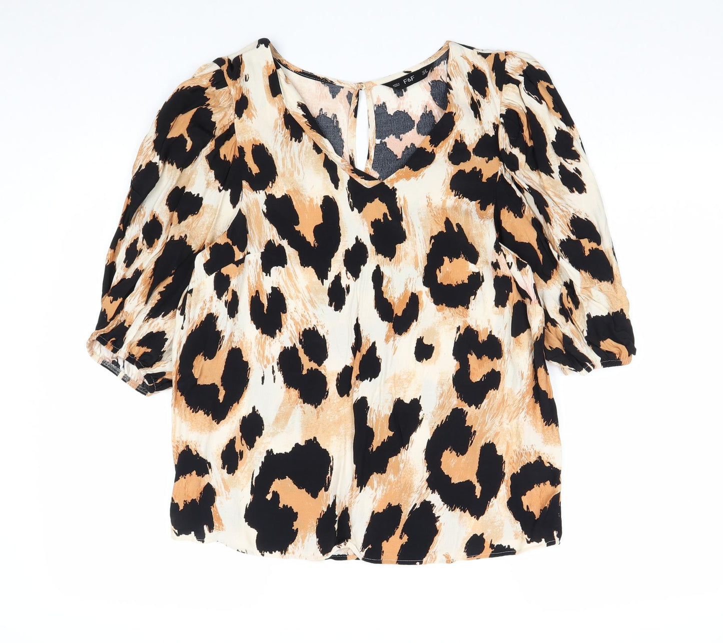 F&F Womens Brown Animal Print Viscose Basic Blouse Size 10 V-Neck - Leopard Print