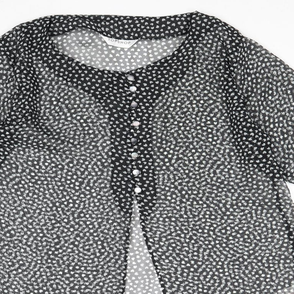 Topshop Womens Black Geometric Polyester Basic Button-Up Size 10 Round Neck - Hearts