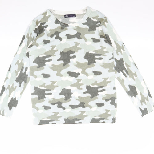 Marks and Spencer Womens Green Boat Neck Camouflage Acrylic Pullover Jumper Size 10