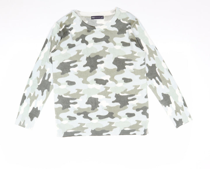 Marks and Spencer Womens Green Boat Neck Camouflage Acrylic Pullover Jumper Size 10