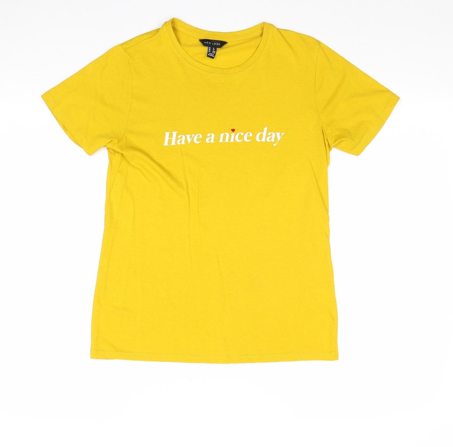 New Look Womens Yellow 100% Cotton Basic T-Shirt Size 8 Round Neck - Have a Nice Day