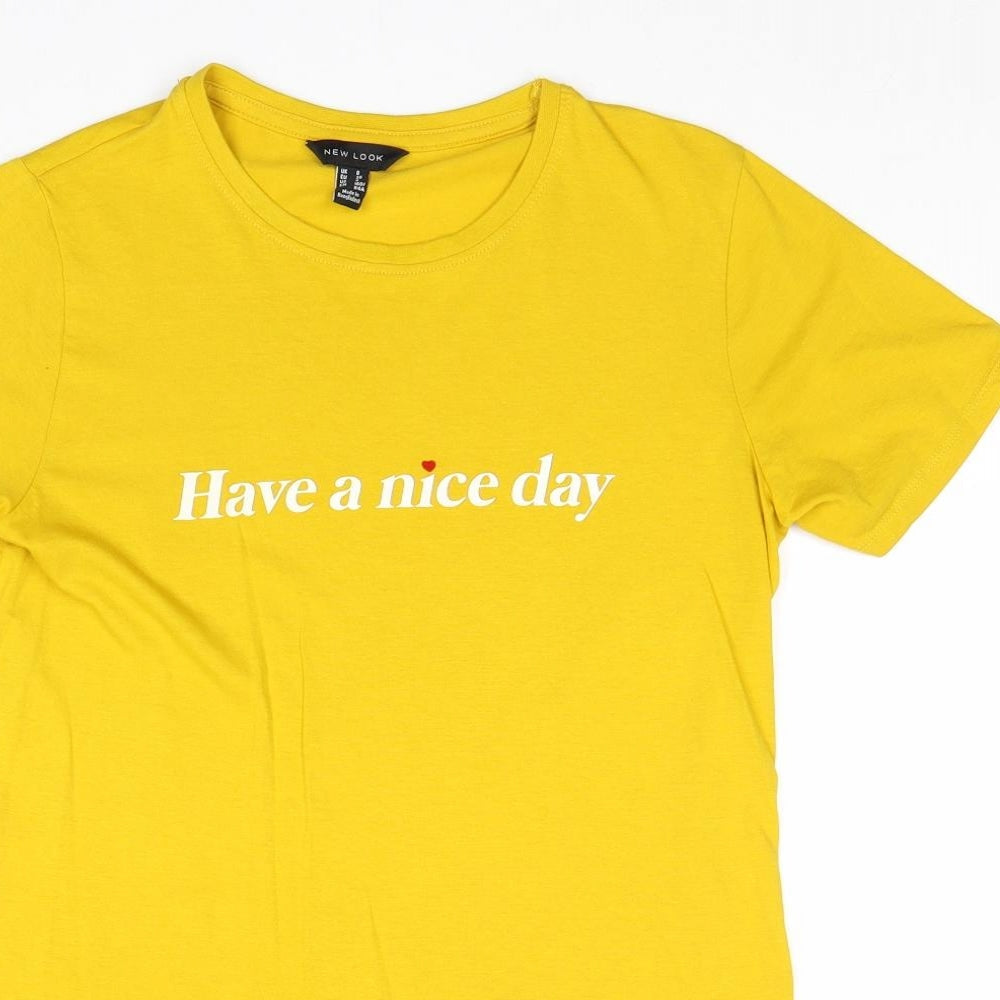 New Look Womens Yellow 100% Cotton Basic T-Shirt Size 8 Round Neck - Have a Nice Day