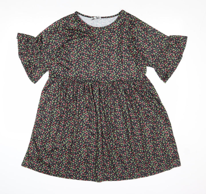 In the Style Womens Black Floral Polyester A-Line Size 8 Round Neck Pullover