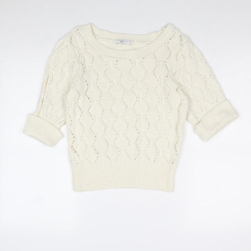 New Look Womens Ivory Round Neck Geometric Acrylic Pullover Jumper Size 10