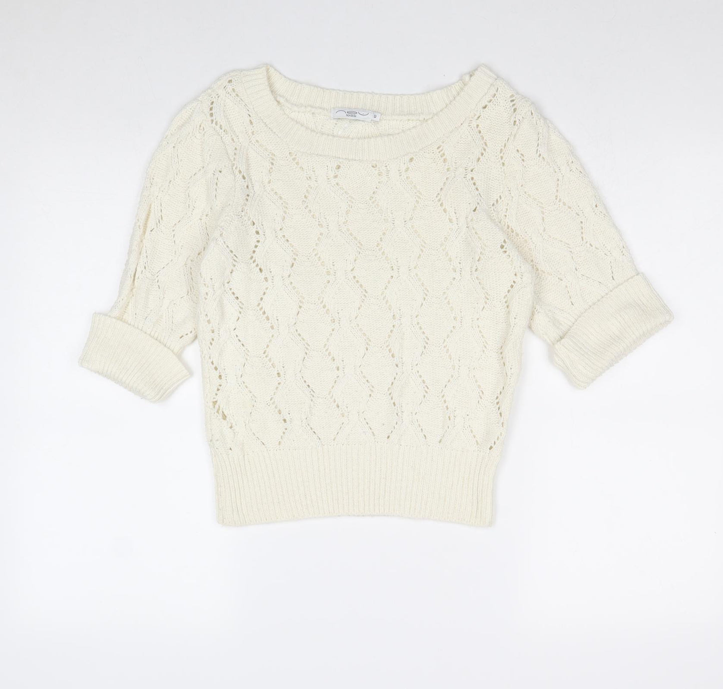 New Look Womens Ivory Round Neck Geometric Acrylic Pullover Jumper Size 10