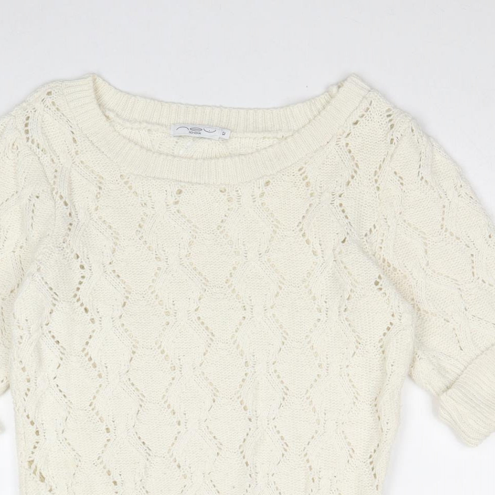 New Look Womens Ivory Round Neck Geometric Acrylic Pullover Jumper Size 10