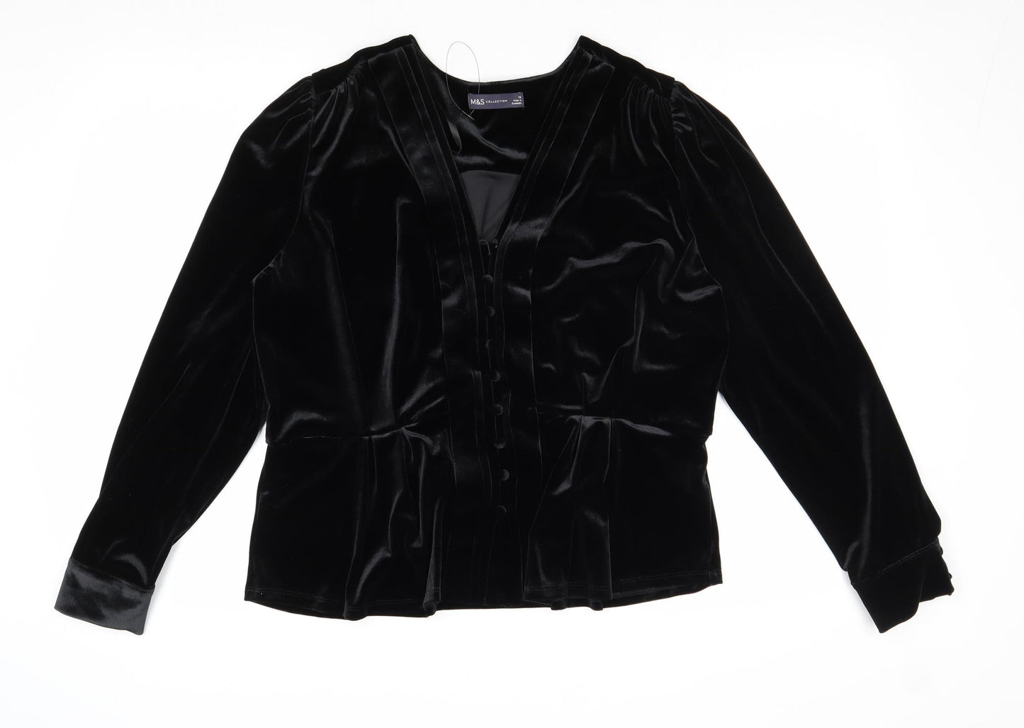 Marks and Spencer Womens Black Polyester Basic Button-Up Size 16 V-Neck
