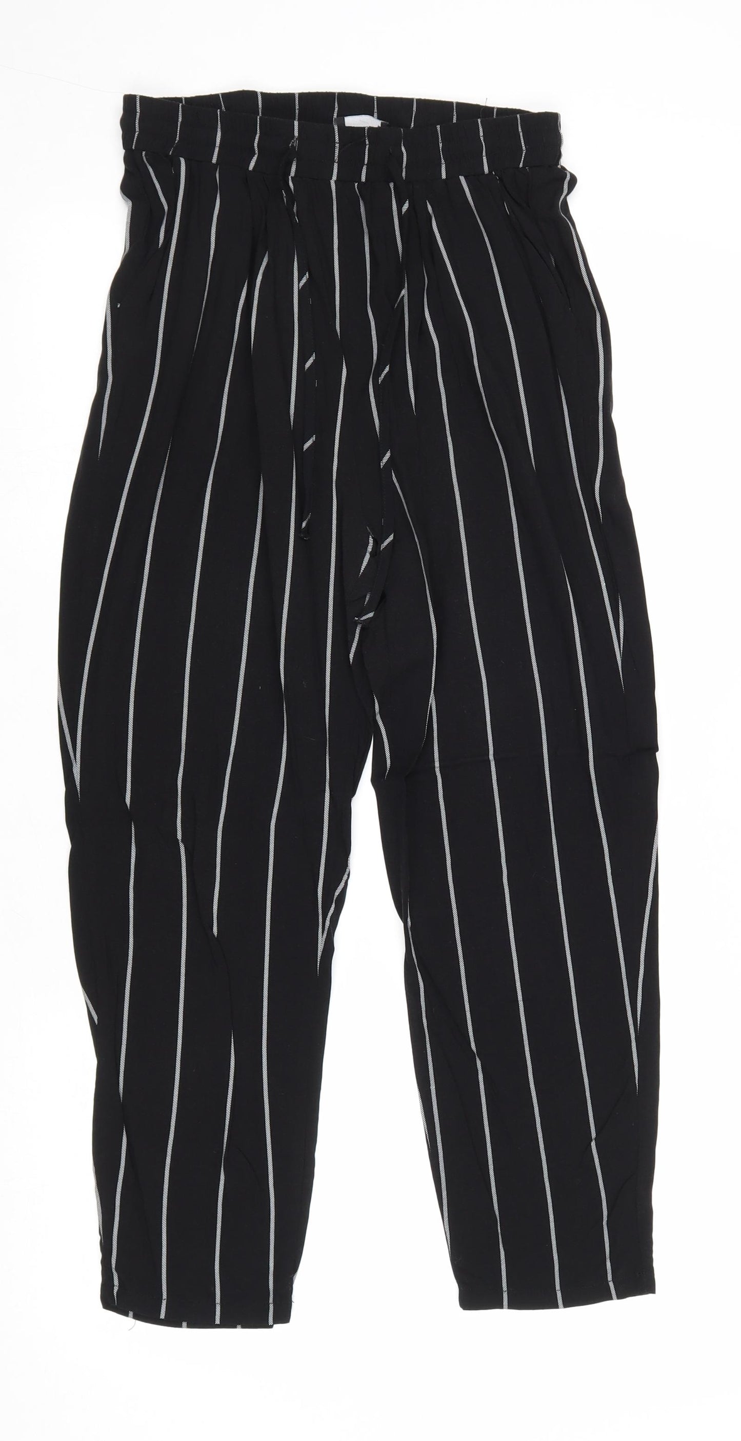 PRETTYLITTLETHING Womens Black Striped Viscose Trousers Size 10 Regular Drawstring