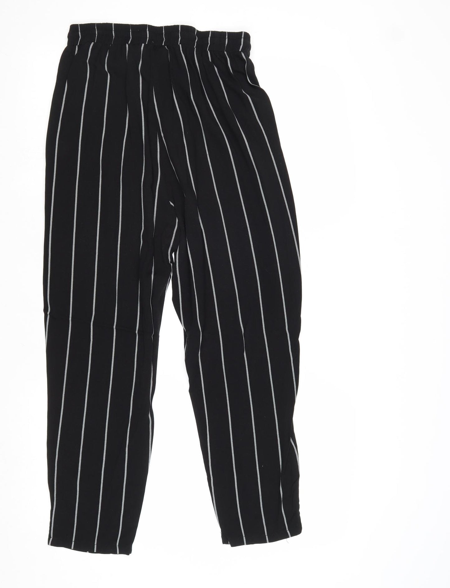PRETTYLITTLETHING Womens Black Striped Viscose Trousers Size 10 Regular Drawstring
