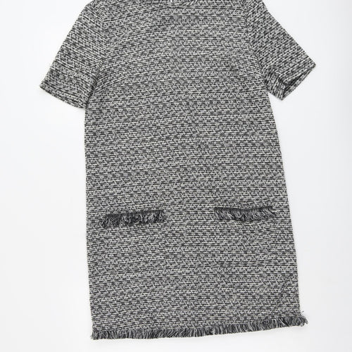 New Look Womens Grey Geometric Polyester Shift Size 10 Round Neck Button