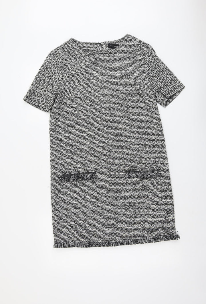 New Look Womens Grey Geometric Polyester Shift Size 10 Round Neck Button