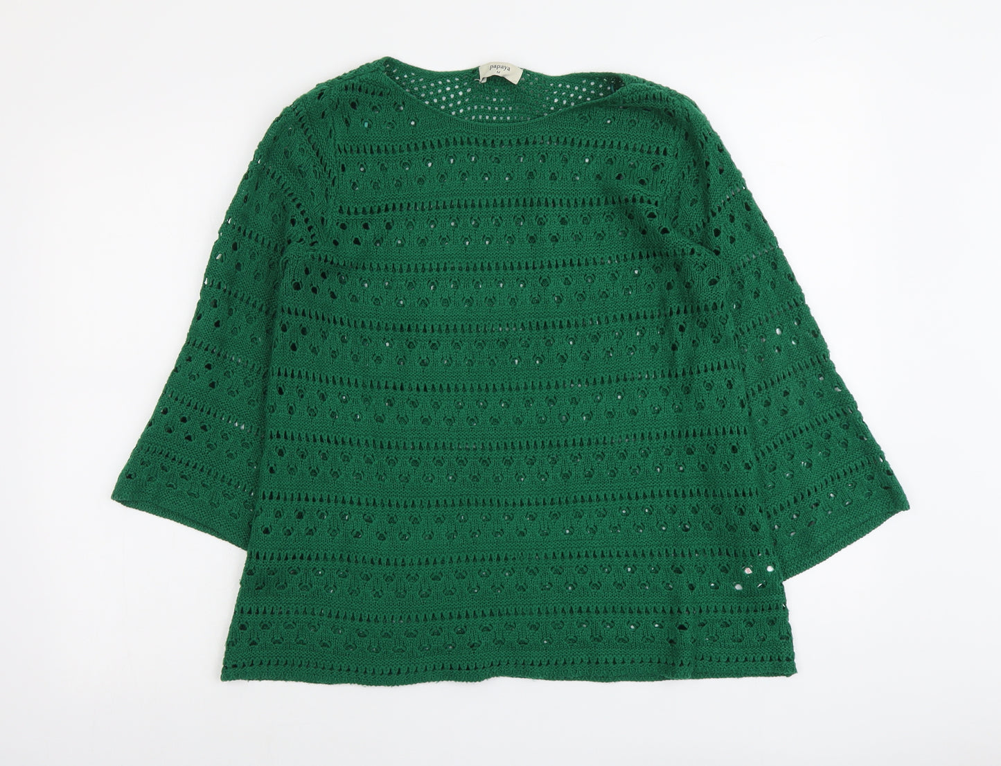 Papaya Womens Green Round Neck Herringbone Acrylic Pullover Jumper Size M