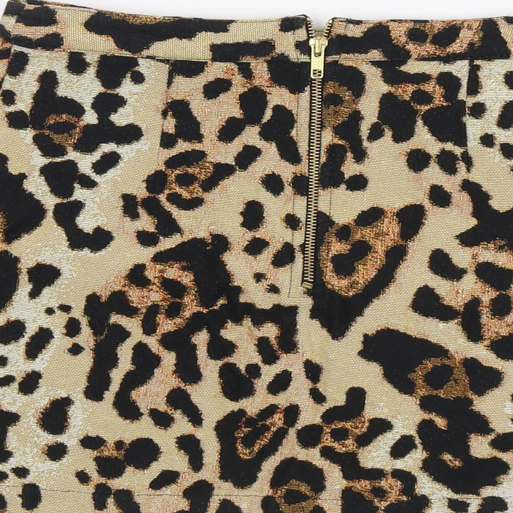 Topshop Womens Beige Animal Print Polyester A-Line Skirt Size 8 Zip - Leopard Pattern
