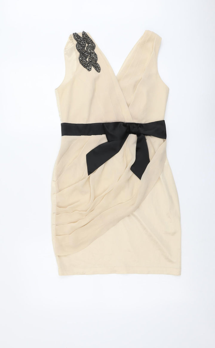 Lipsy Womens Beige Polyester Shift Size 10 V-Neck Zip