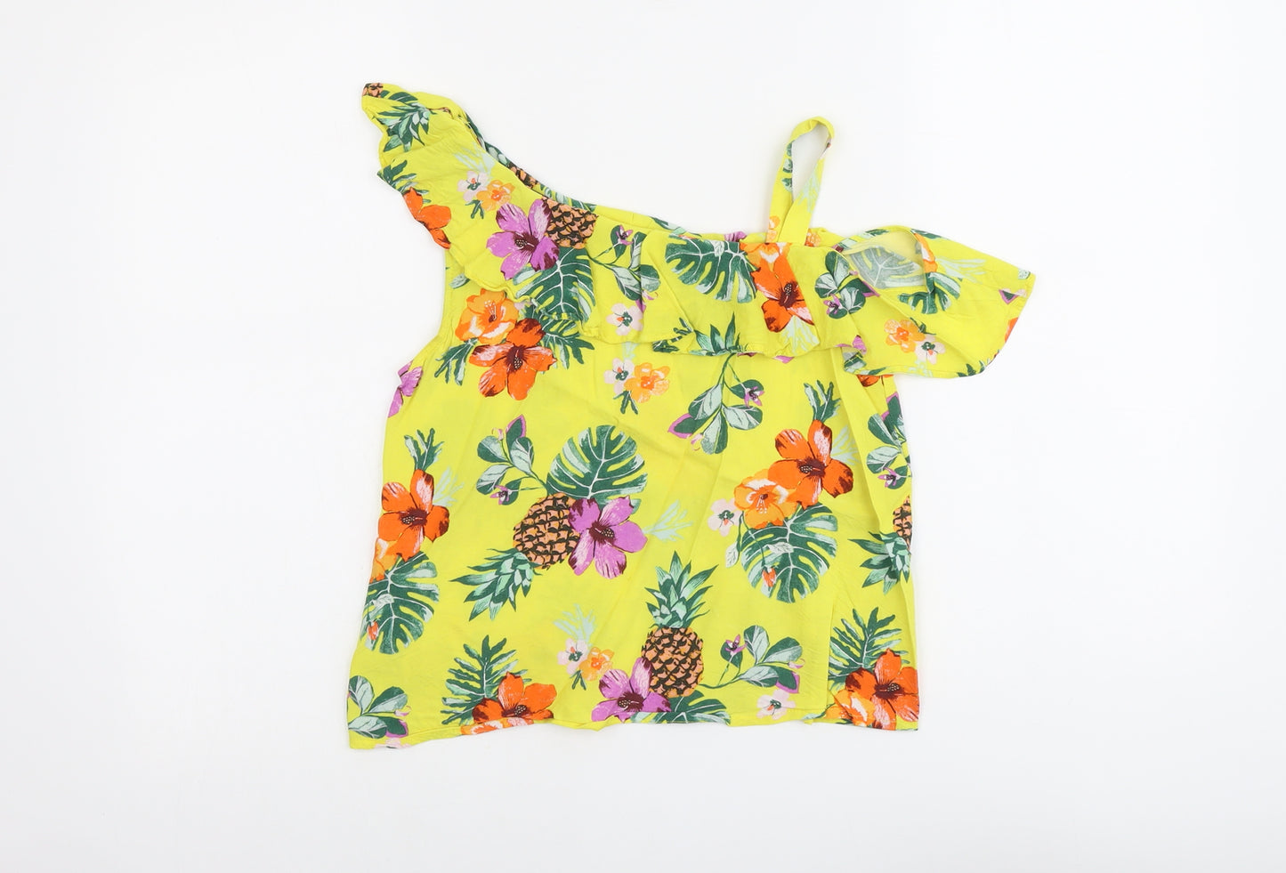 H&M Girls Yellow Geometric Viscose Basic Blouse Size 12-13 Years One Shoulder Pullover