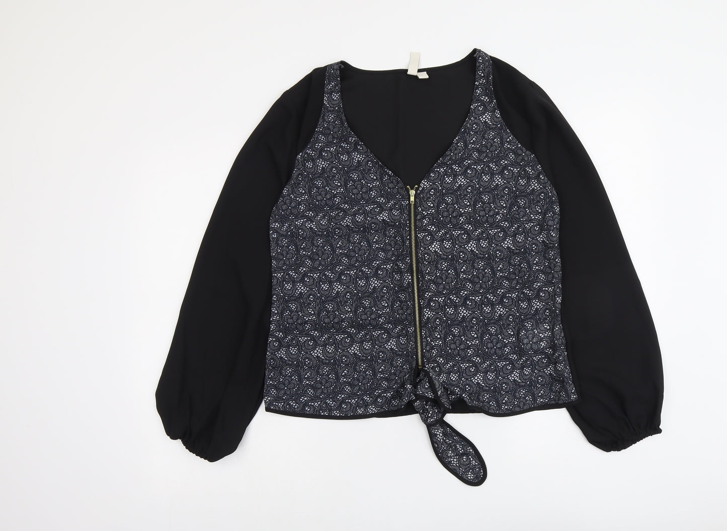 Body Flirt Womens Black Geometric Polyester Basic Blouse Size 12 V-Neck - Lace Details