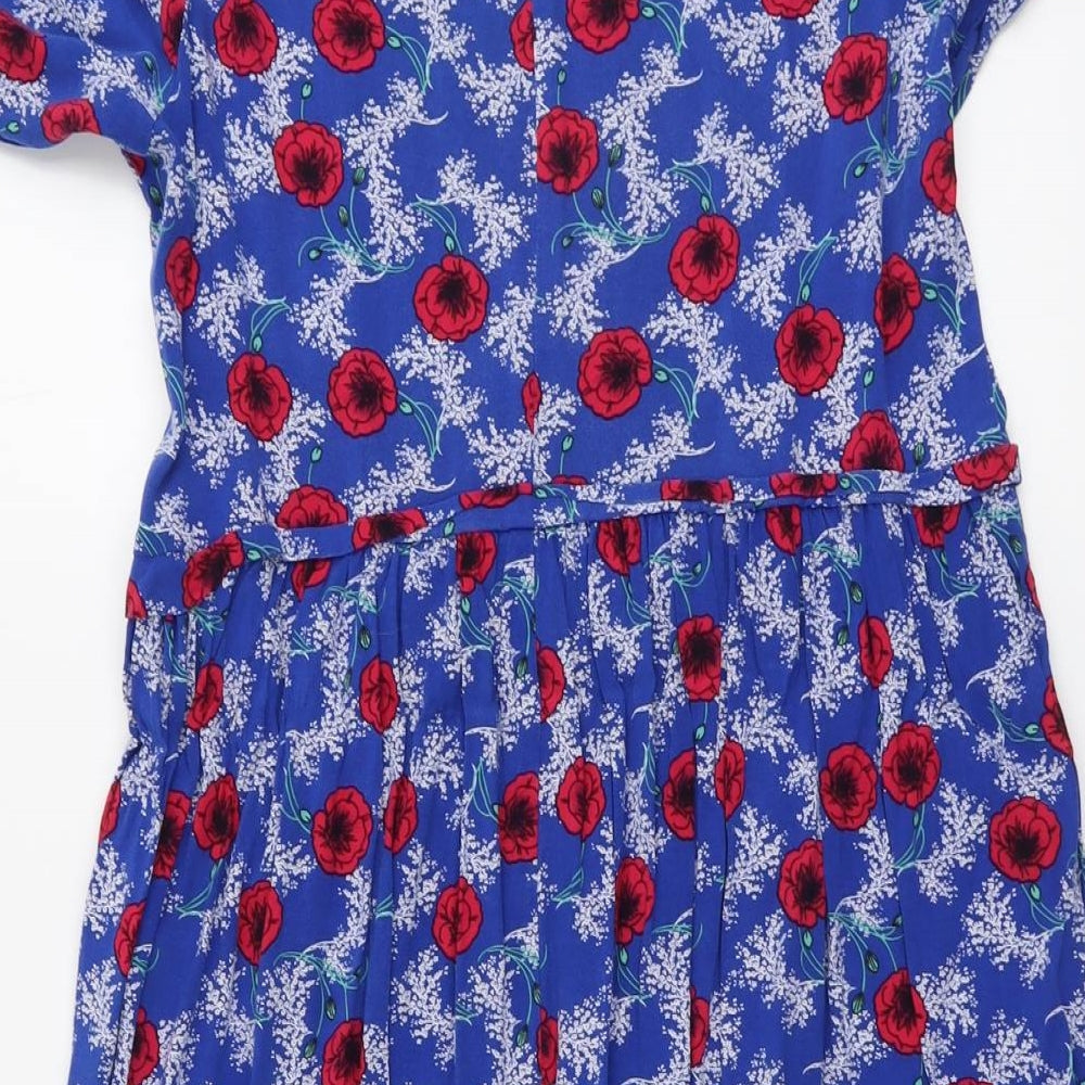 TU Womens Blue Geometric Viscose A-Line Size 14 Round Neck Button