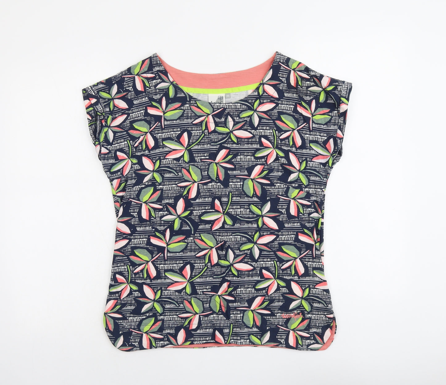 Weird Fish Womens Blue Geometric Cotton Basic T-Shirt Size 10 Boat Neck - Leaf Print
