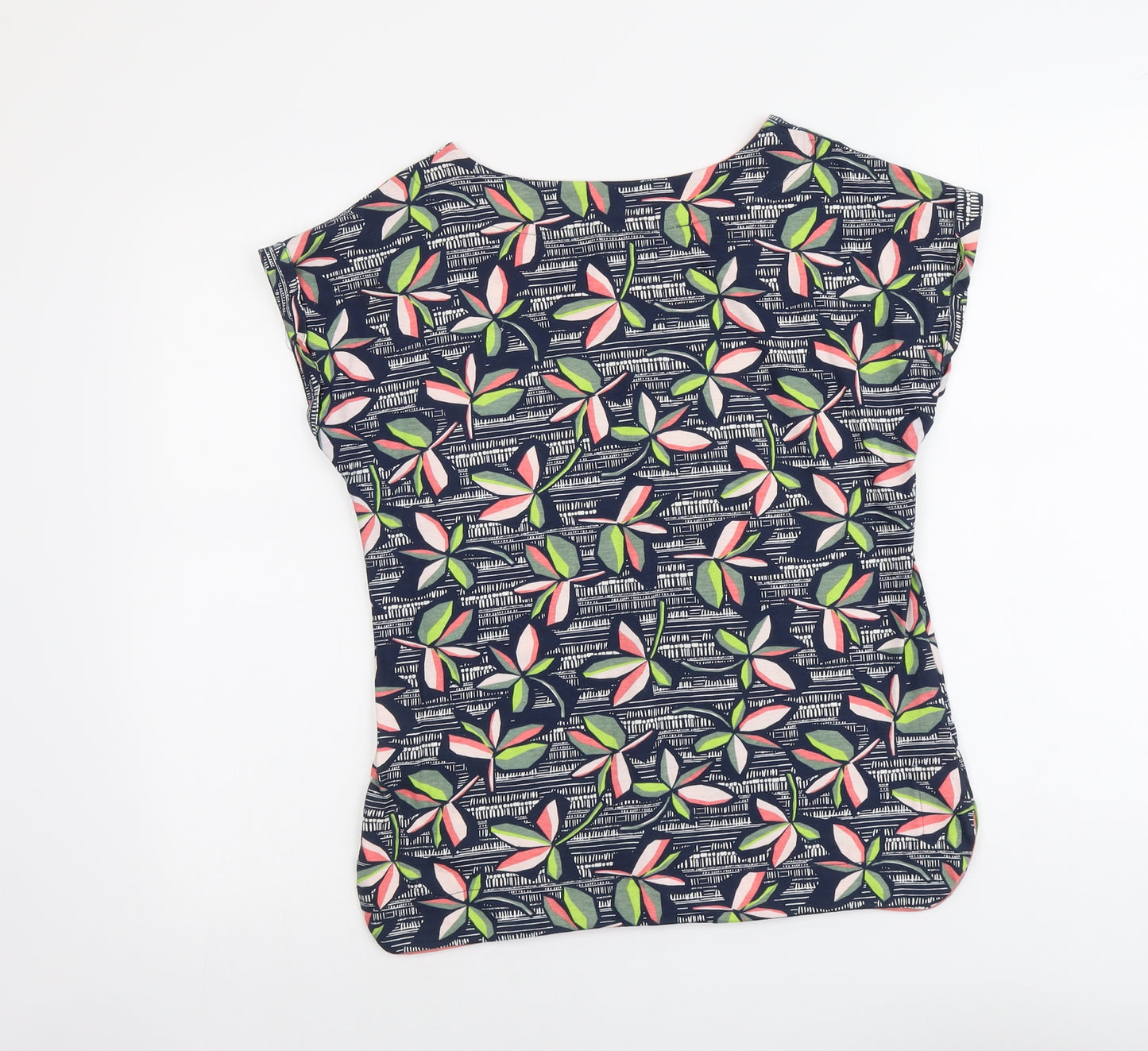 Weird Fish Womens Blue Geometric Cotton Basic T-Shirt Size 10 Boat Neck - Leaf Print