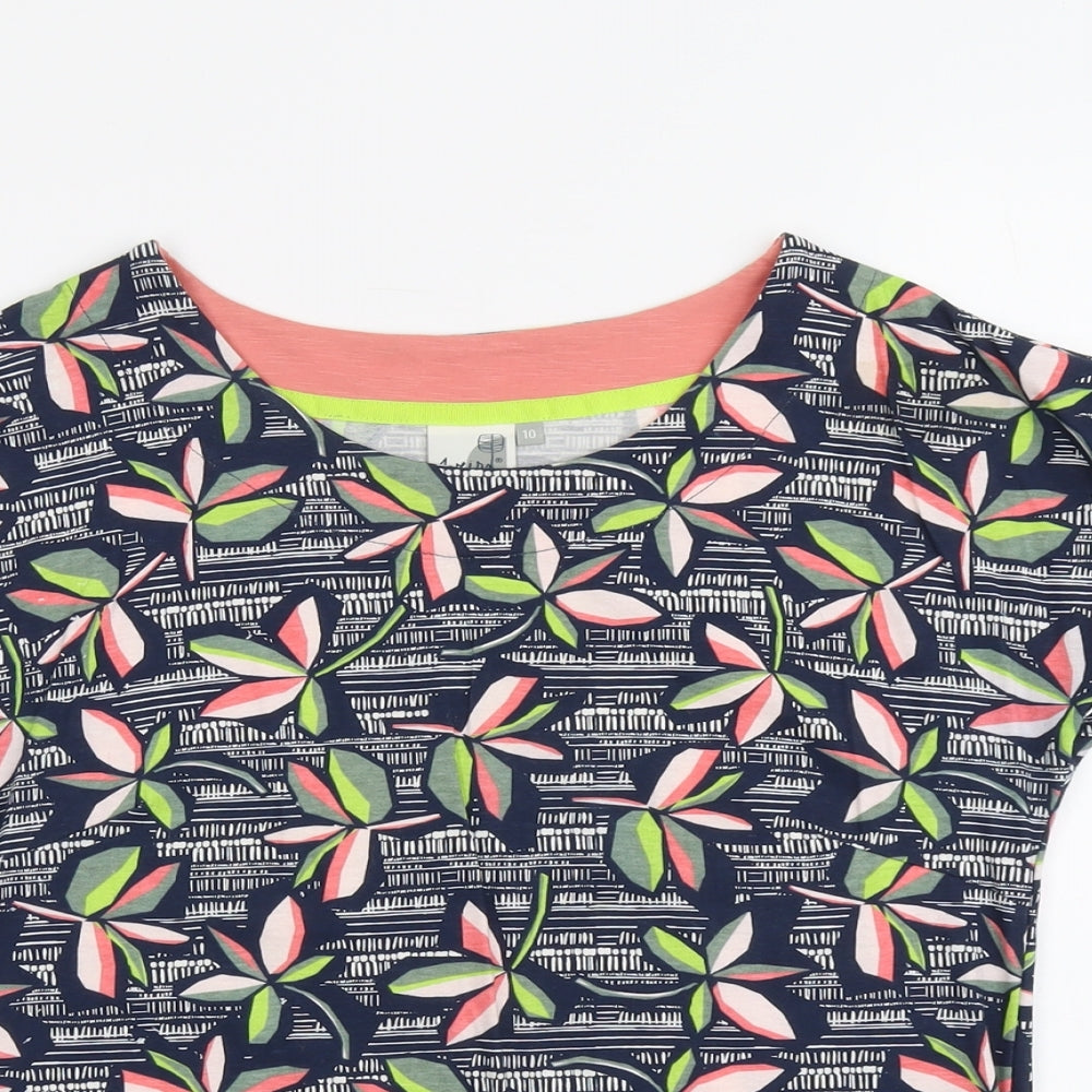 Weird Fish Womens Blue Geometric Cotton Basic T-Shirt Size 10 Boat Neck - Leaf Print