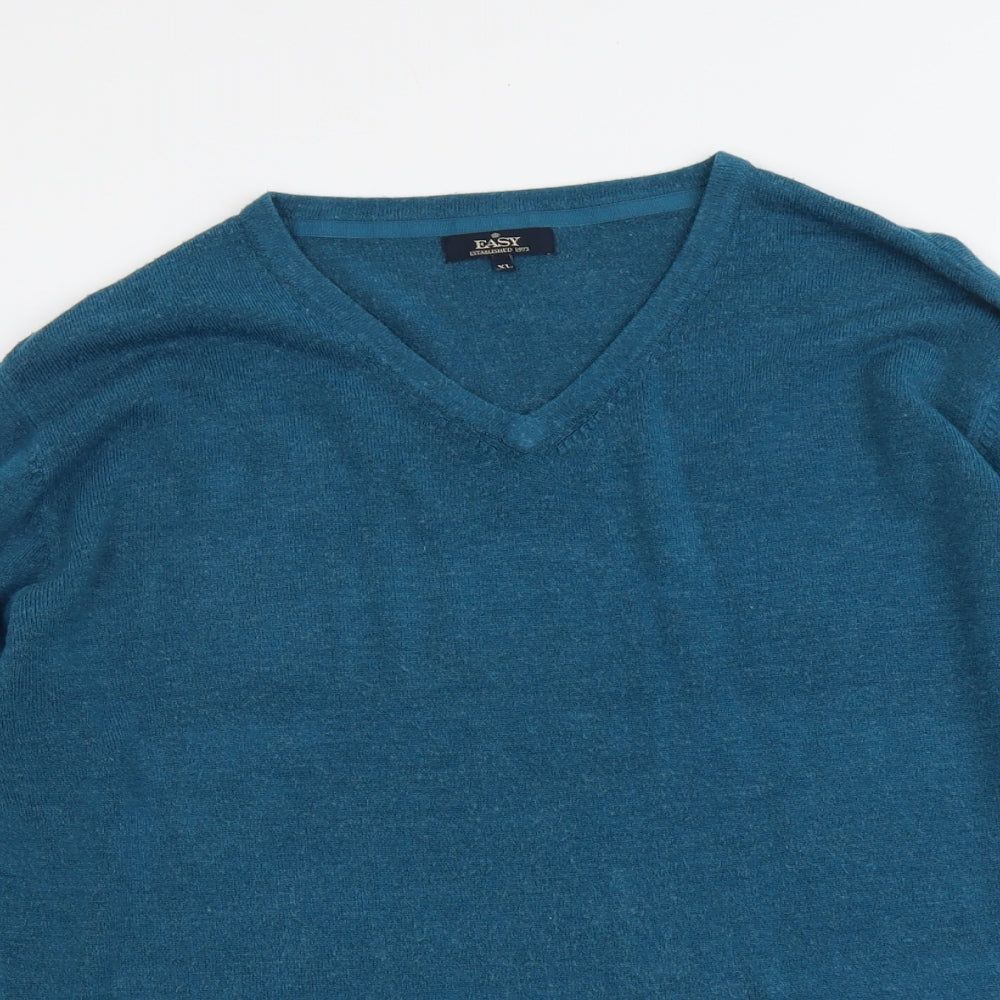 Easy Mens Blue V-Neck Acrylic Pullover Jumper Size XL Long Sleeve
