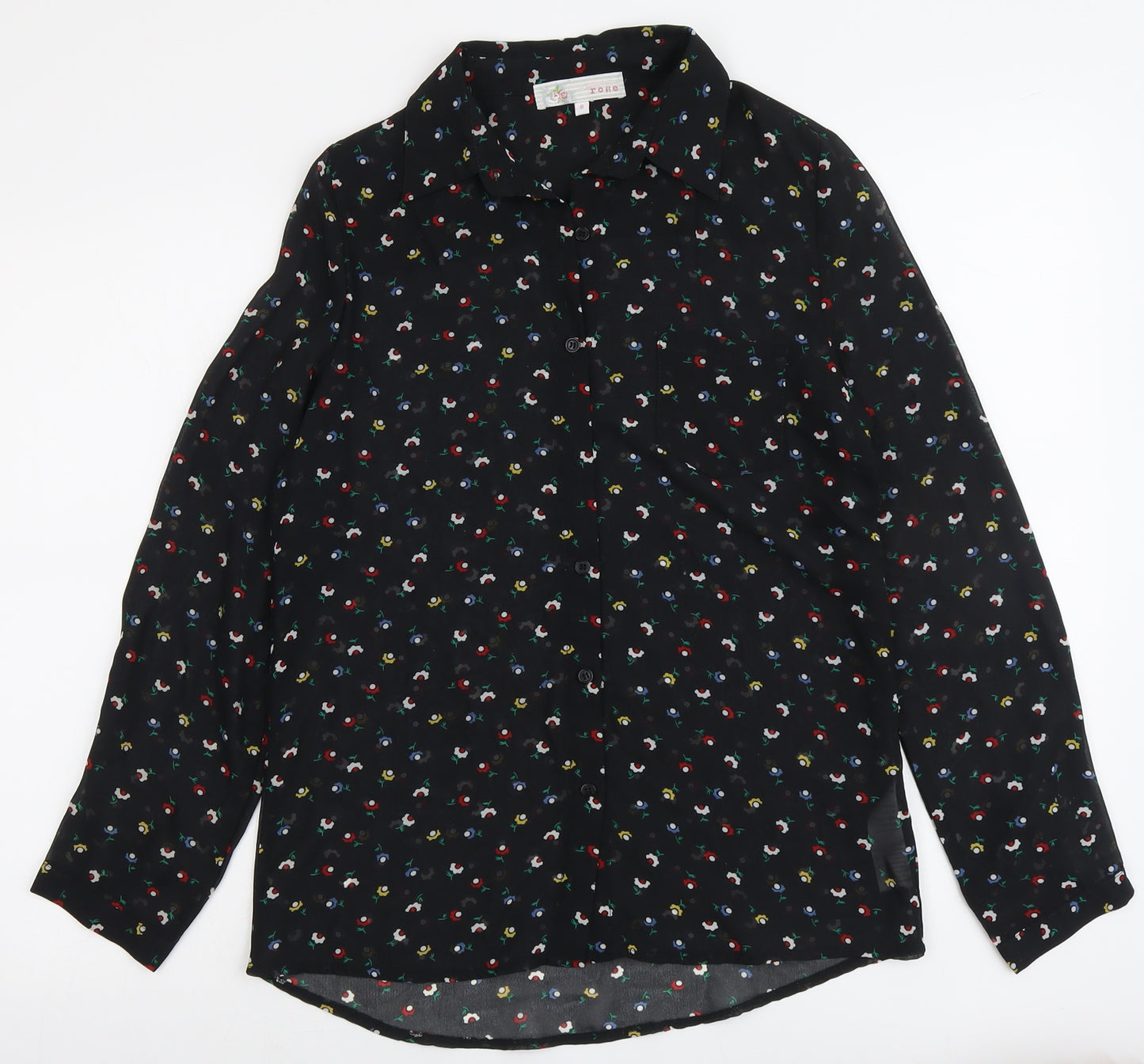 Cameo Rose Womens Black Floral Polyester Basic Button-Up Size 8 Collared