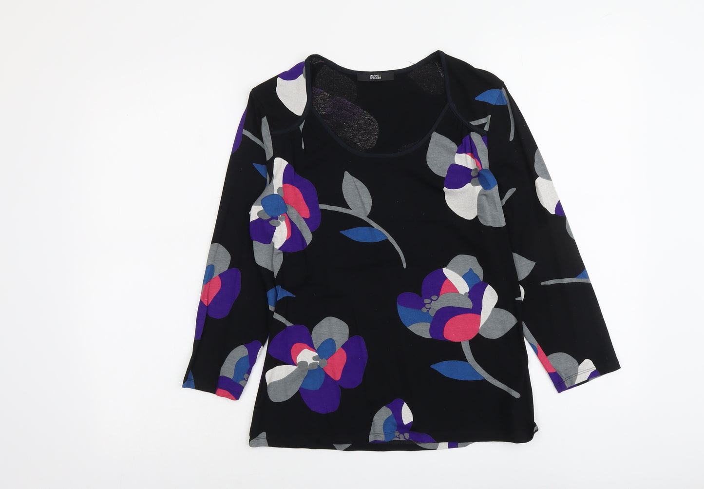 Marks and Spencer Womens Black Floral Viscose Basic Blouse Size 8 Scoop Neck