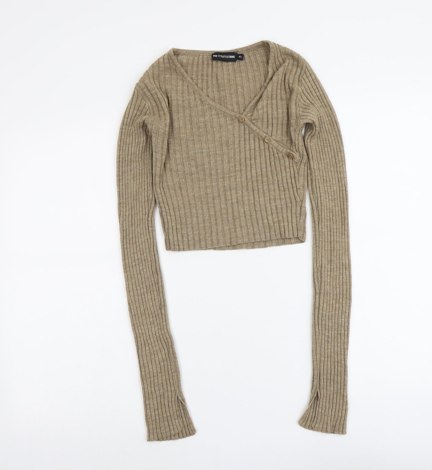 PRETTYLITTLETHING Womens Beige V-Neck Acrylic Wrap Jumper Size M