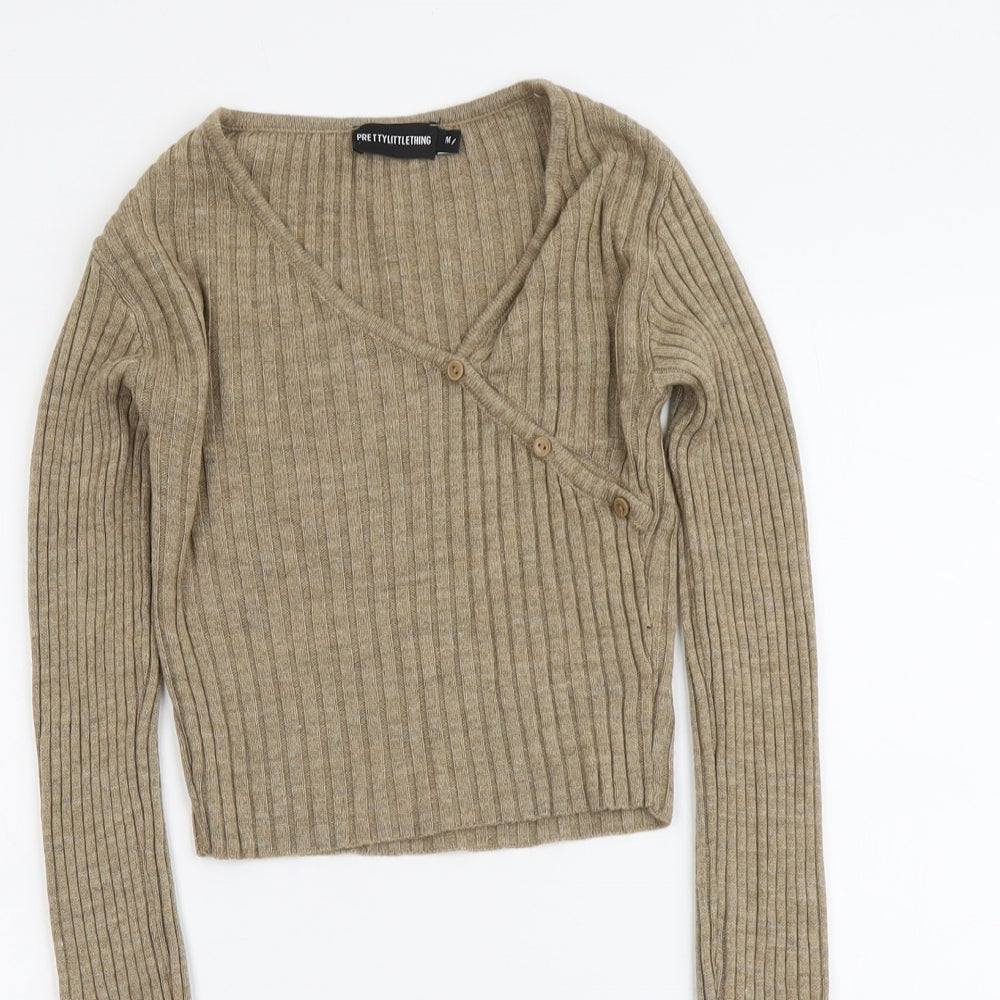PRETTYLITTLETHING Womens Beige V-Neck Acrylic Wrap Jumper Size M