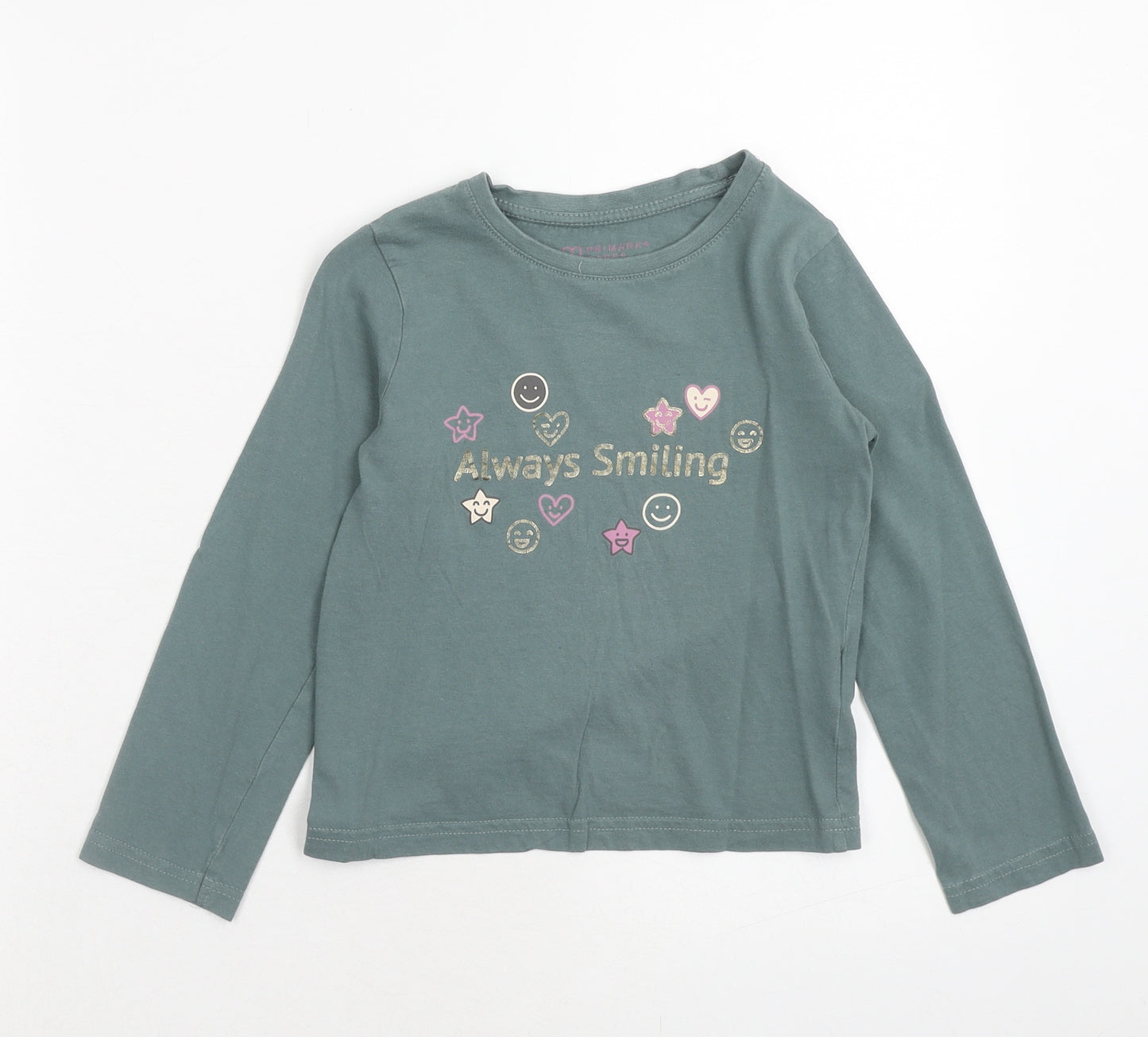 Primark Girls Green Cotton Basic T-Shirt Size 6-7 Years Round Neck Pullover - Always Smiling