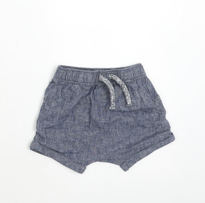 George Boys Blue Geometric Linen Cropped Trousers Size 3-6 Months Drawstring
