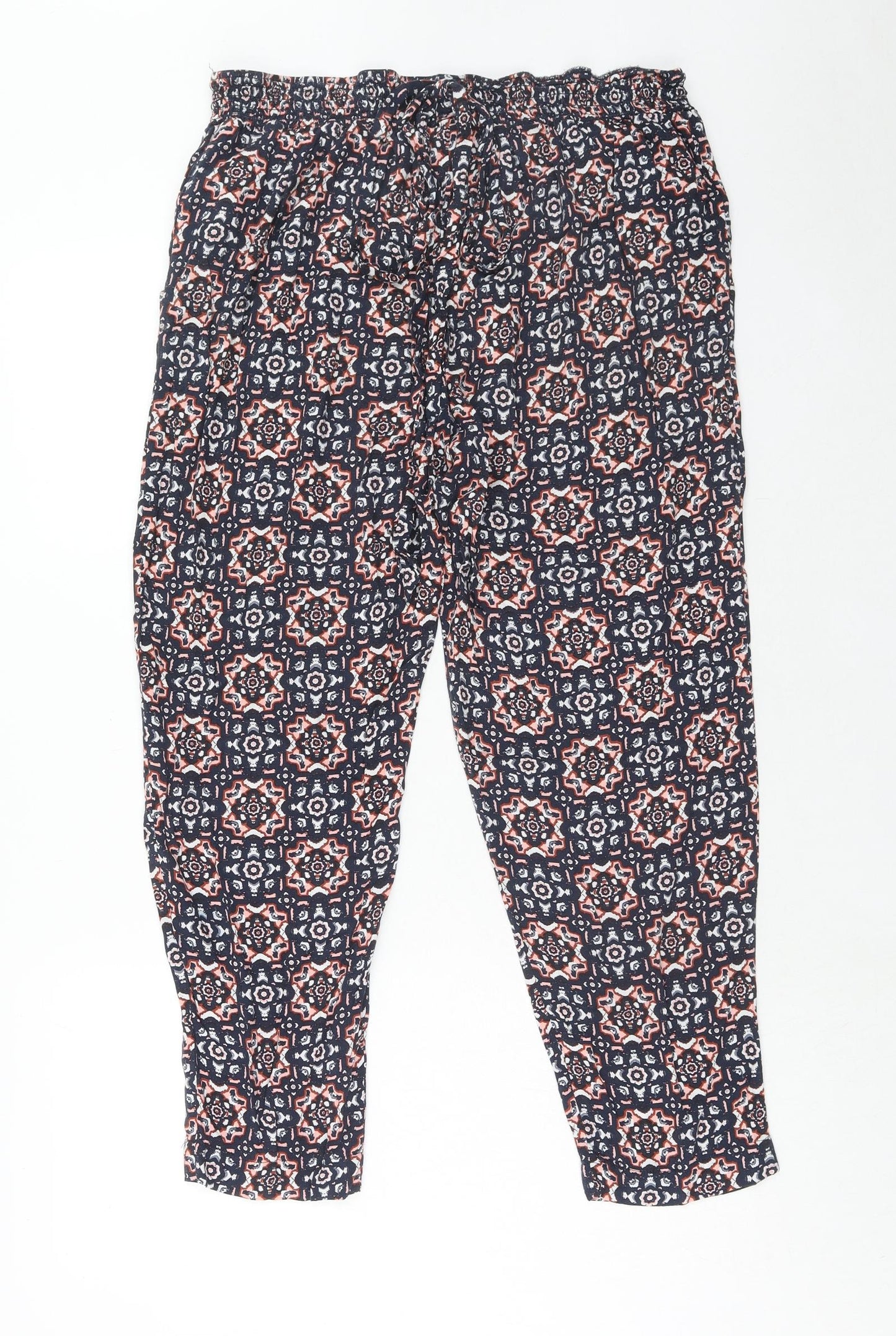 Wallis Womens Blue Geometric Viscose Trousers Size 14 Regular Drawstring