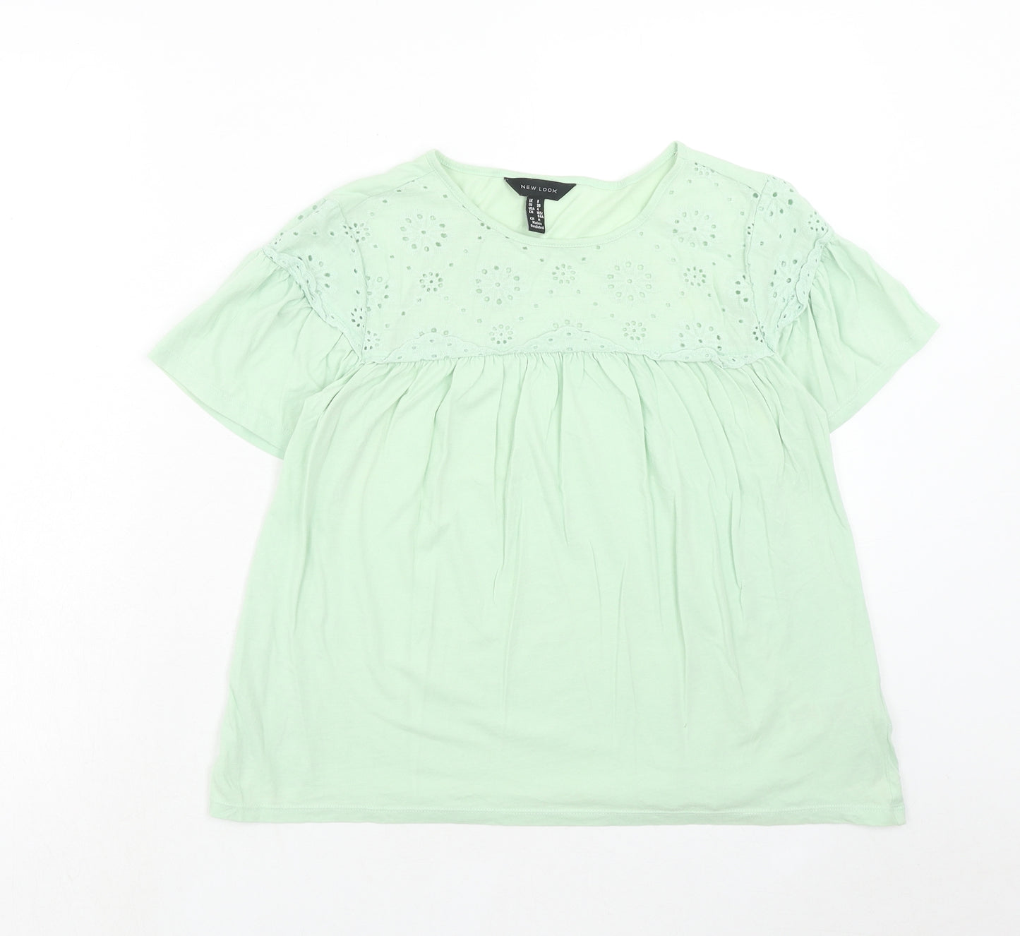 New Look Womens Green Cotton Basic T-Shirt Size 8 Round Neck - Broderie Anglaise