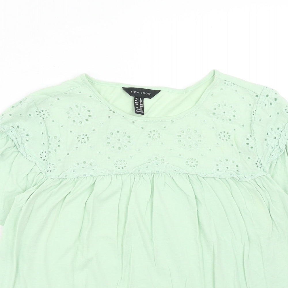 New Look Womens Green Cotton Basic T-Shirt Size 8 Round Neck - Broderie Anglaise