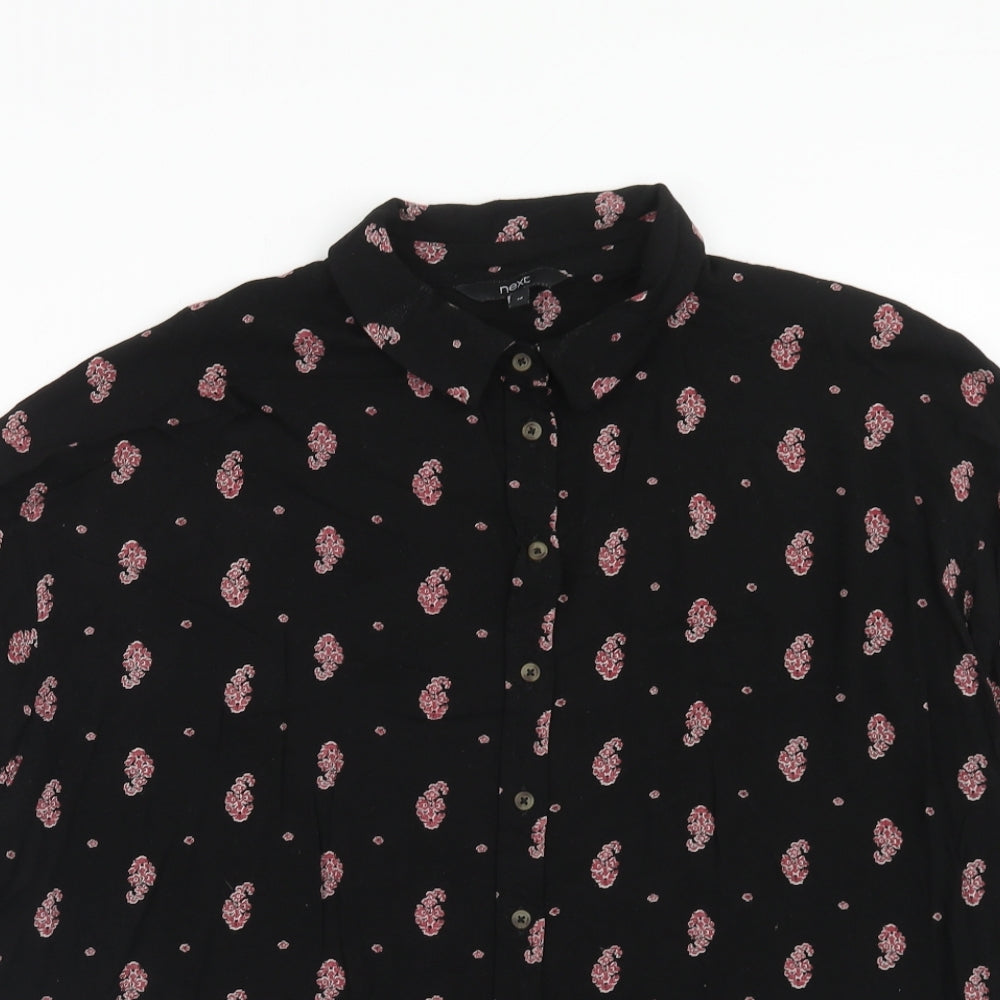 NEXT Womens Black Geometric Viscose Basic Button-Up Size 14 Collared